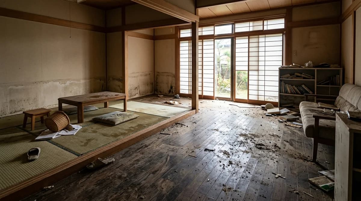 大雨による浸水被害から片付けと復旧を進める日本の住宅室内