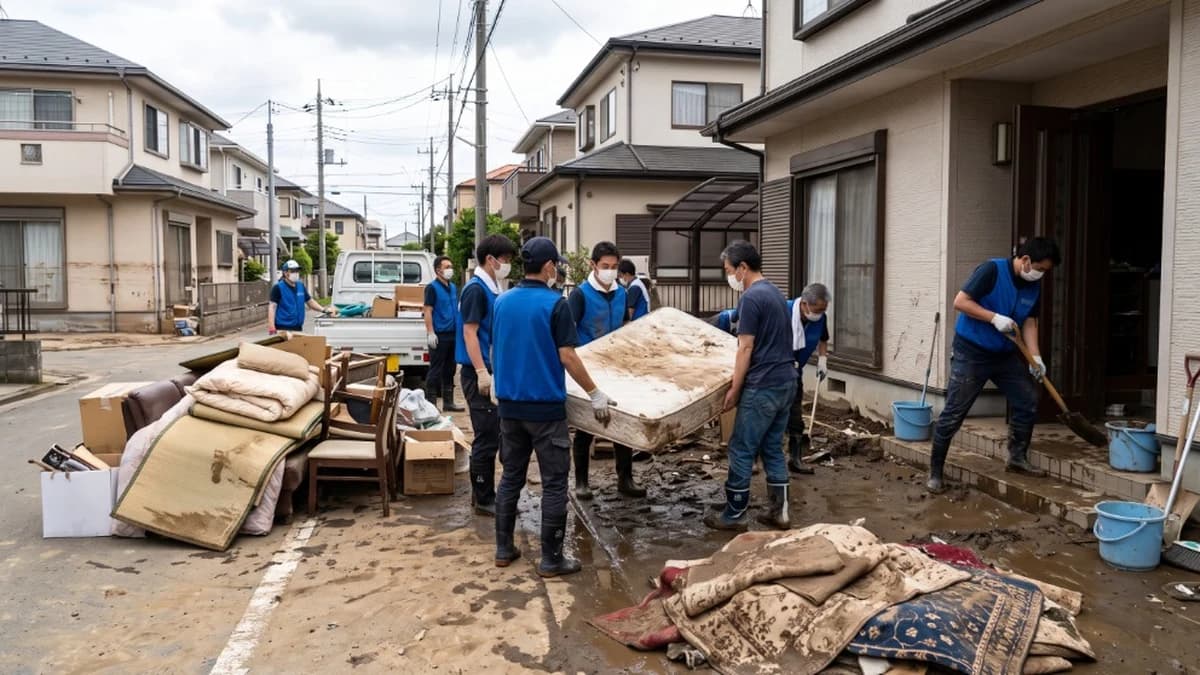 市川市で大雨や浸水後に濡れた畳や家財の片付け・搬出を行うイメージ