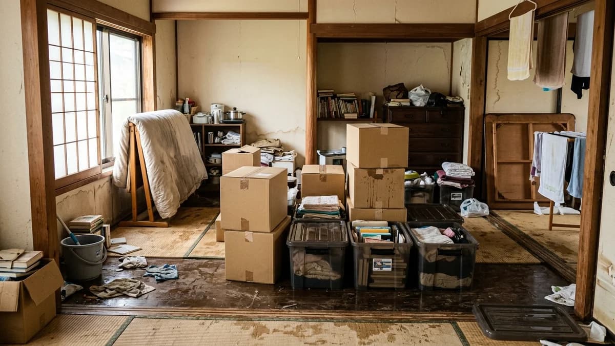 浸水後の室内で家財を仕分け・整理している様子