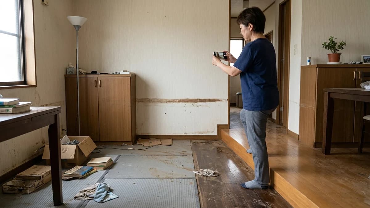 片付け前に浸水高や被害状況の写真を撮影して保存するイメージ