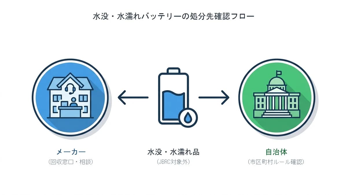 水濡れしたモバイルバッテリーの処分先をメーカーや自治体へ確認する流れ