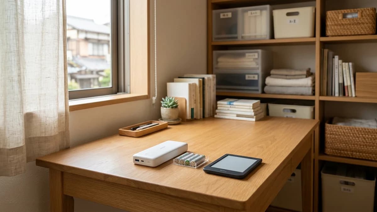 整理された住まいの机に置かれたモバイルバッテリーと充電式電池