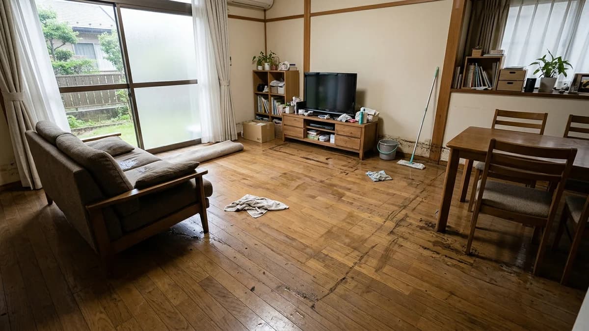 水害後の住宅室内の様子と片付けのイメージ