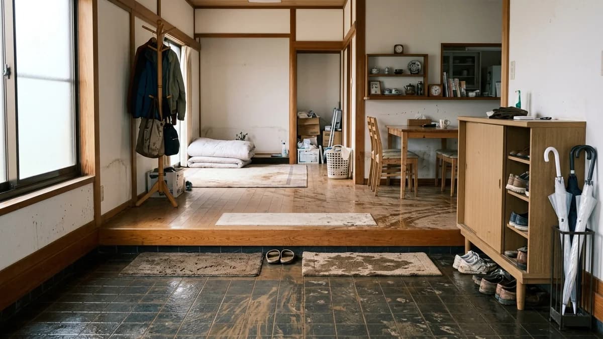 大雨・浸水被害後に水が引いた日本家屋の室内