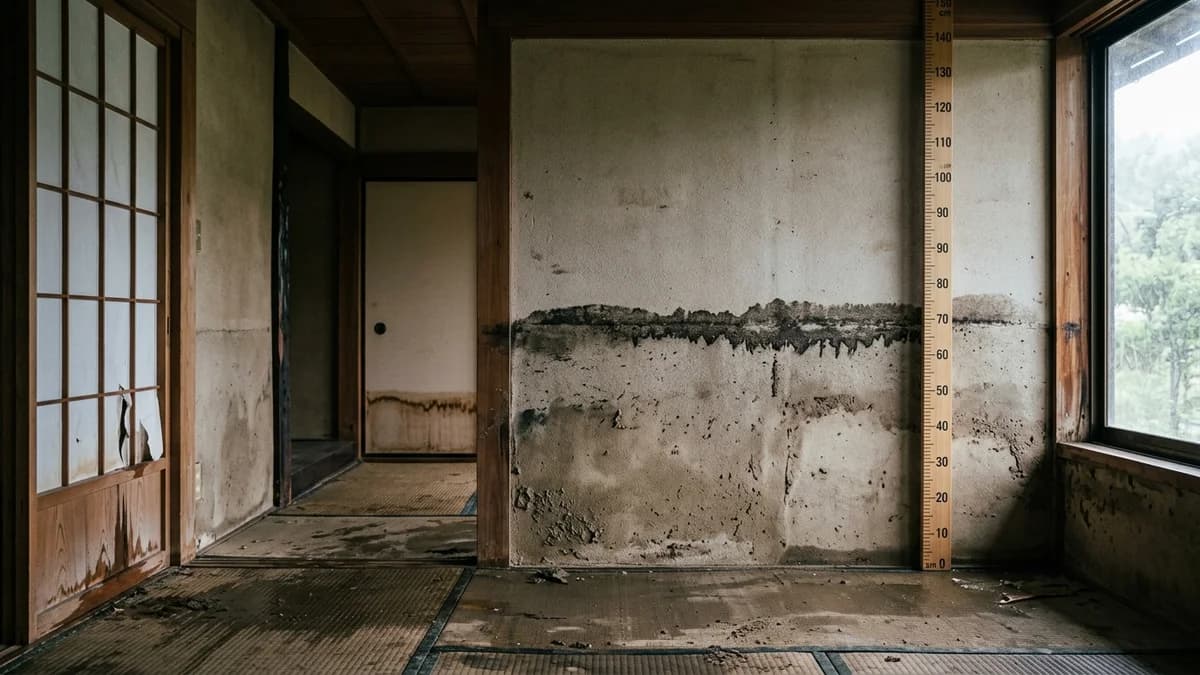 浸水被害を受けた住宅の壁面と浸水痕の記録