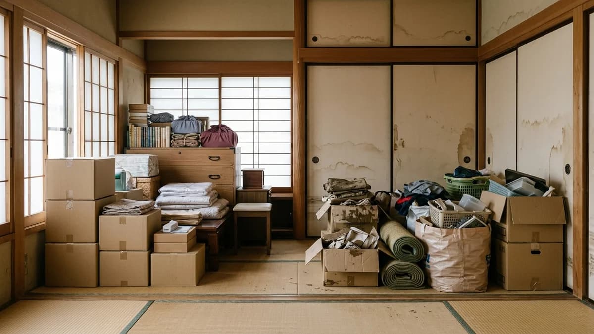 水害後の住宅内で生活用品や家具を仕分ける様子