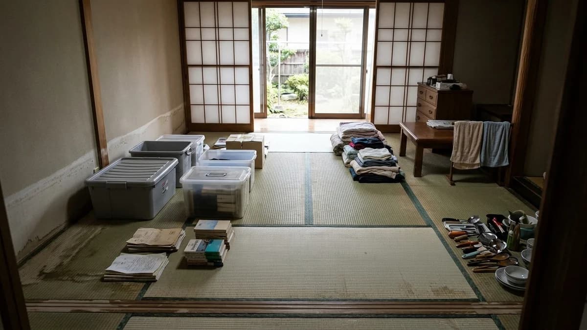 水害後の住宅内で生活用品や家具を仕分ける様子