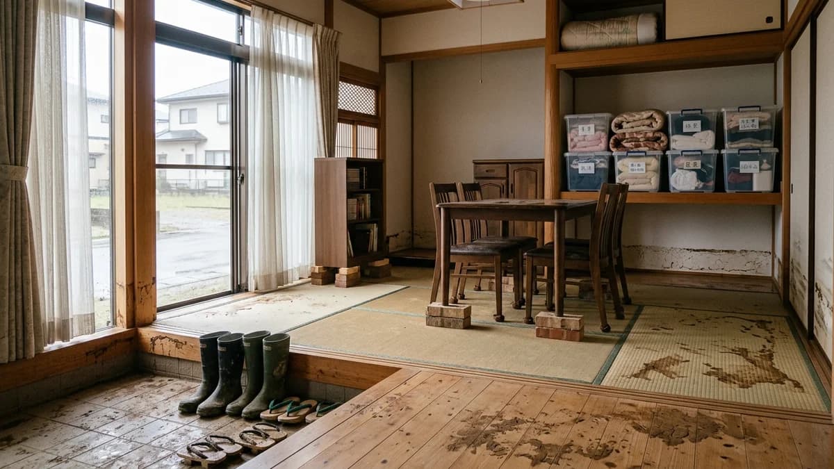 浸水被害を受けた家屋での片付けと家財整理の様子