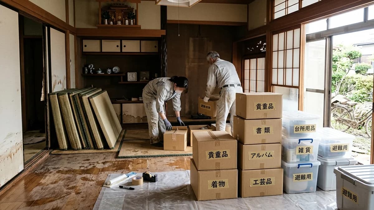 水害後に家財を段ボールや衣装ケースに仕分ける様子