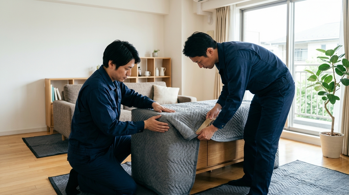 家具や床を保護しながら片付け作業を行うイメージ