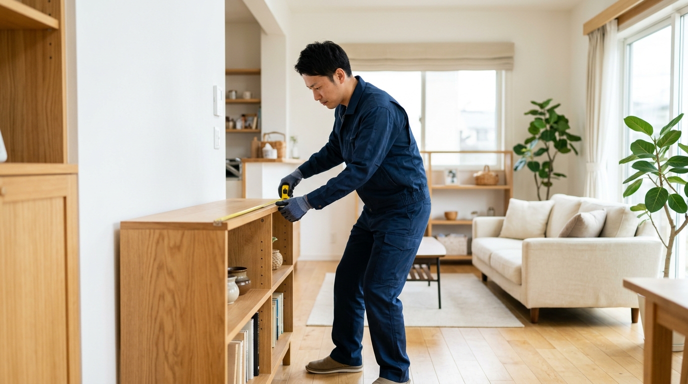住宅内で家具のサイズや搬出状況を確認するイメージ