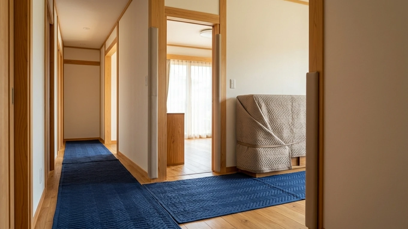 養生を行いながら介護居室のタンス搬出と家具の模様替えを行うイメージ